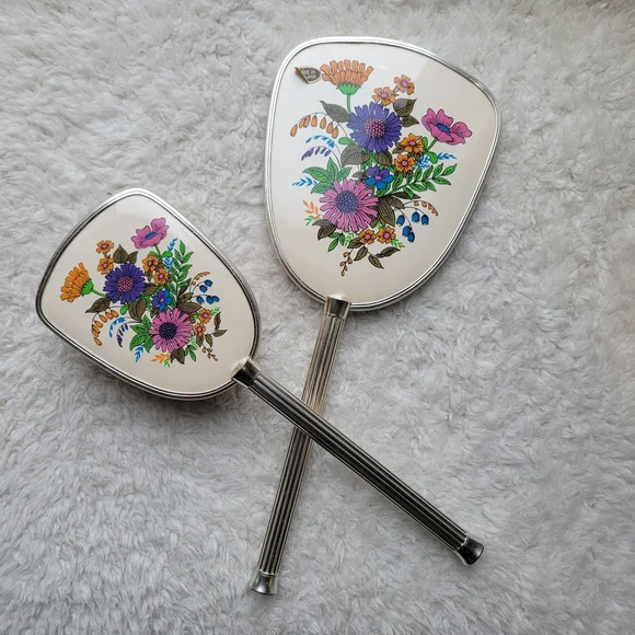 MCM Floral Hand Mirror and Brush Set Made in England - Picture 3 of 11